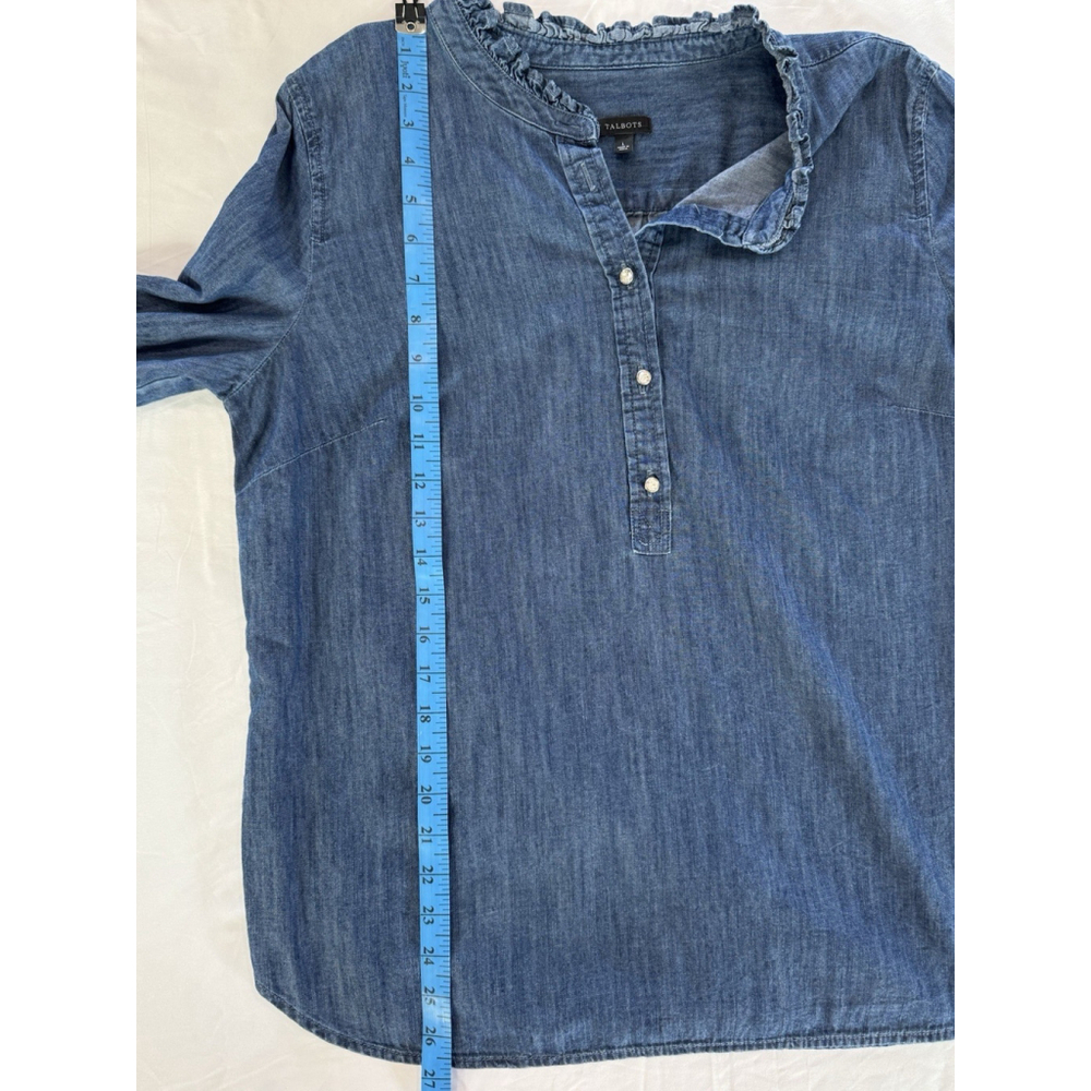Talbots Womens L Denim Chambray Top Ruffle Neck Henley Blouse Long Sleeve - Picture 8 of 8